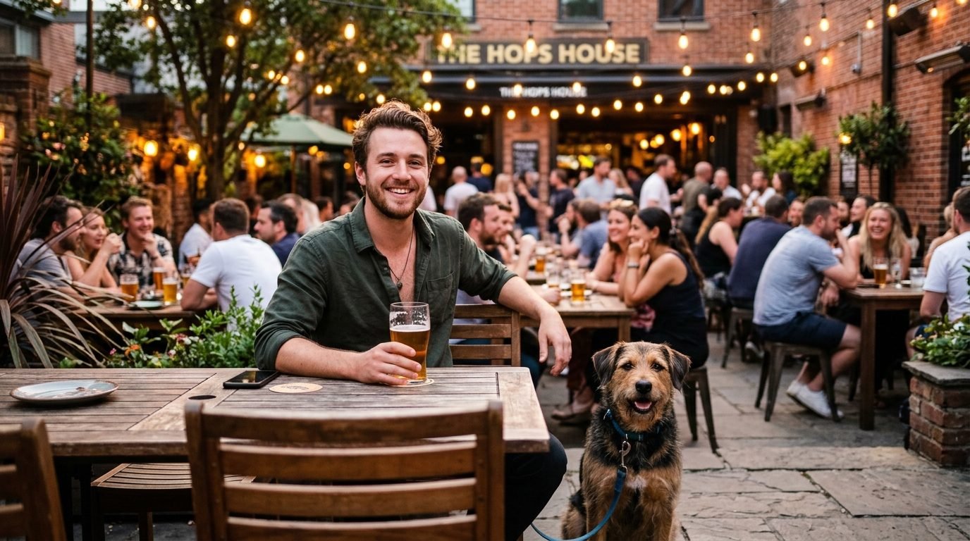 Dog resting calmly at a dog-friendly patio
