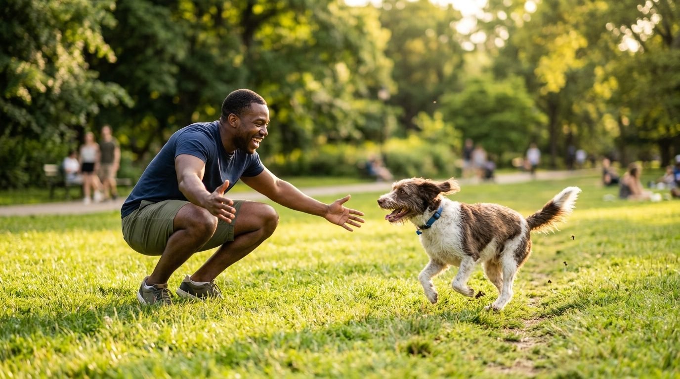 Dog practicing recall in a park