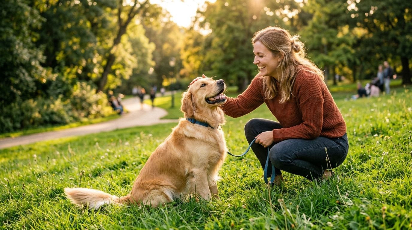 Dog practicing basic manners outdoors