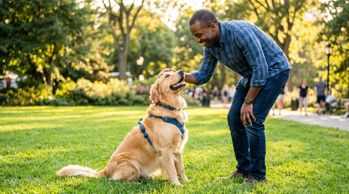 Dog practicing a stay command outdoors