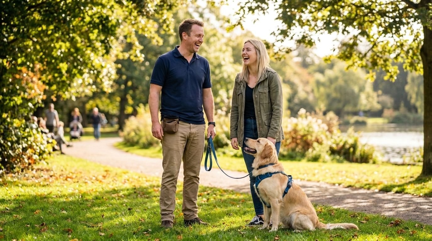 Dog trainer working with owners and their dog