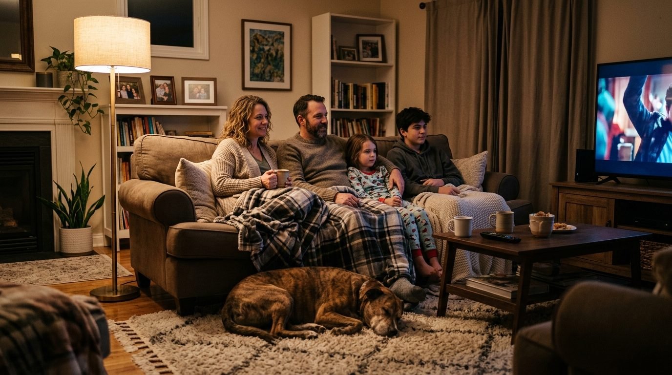 Family relaxing at home with a calm dog