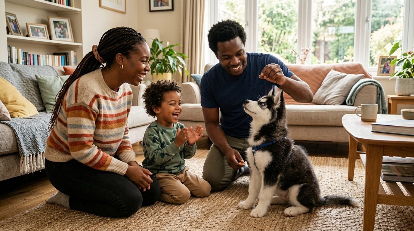 Family practicing puppy training together