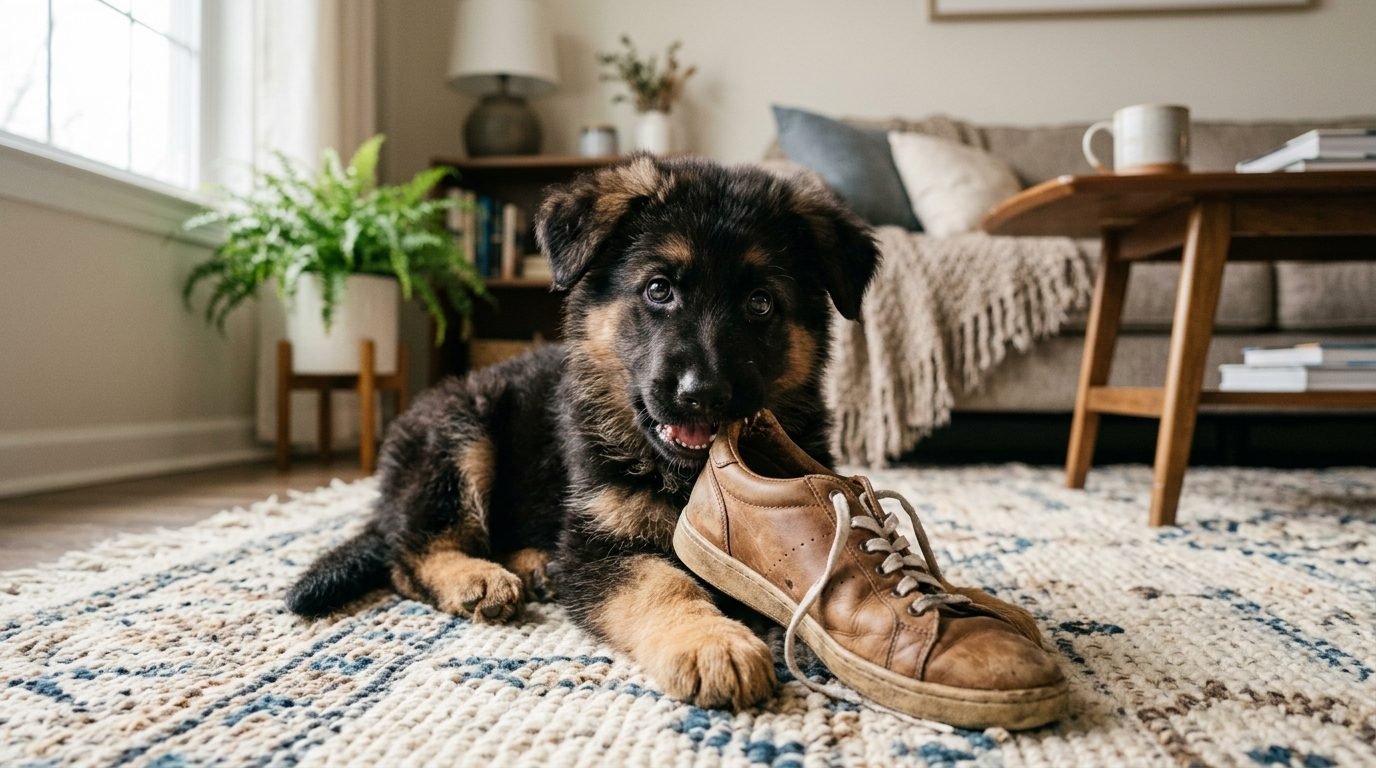 Puppy chewing a shoe at home
