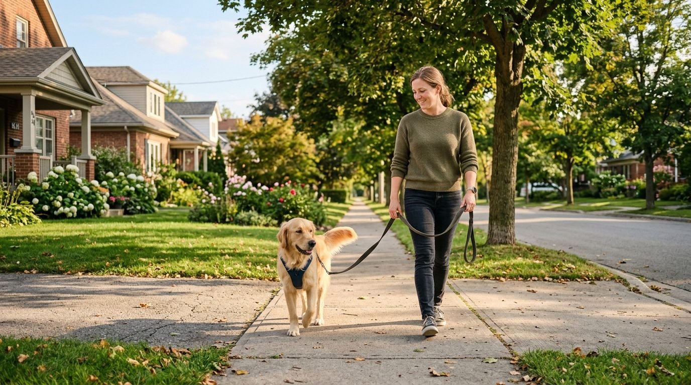 Owner enjoying a relaxed neighborhood leash walk