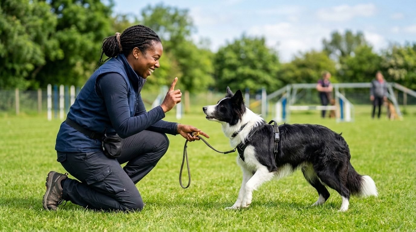 Trainer working with a dog that needs behavior support